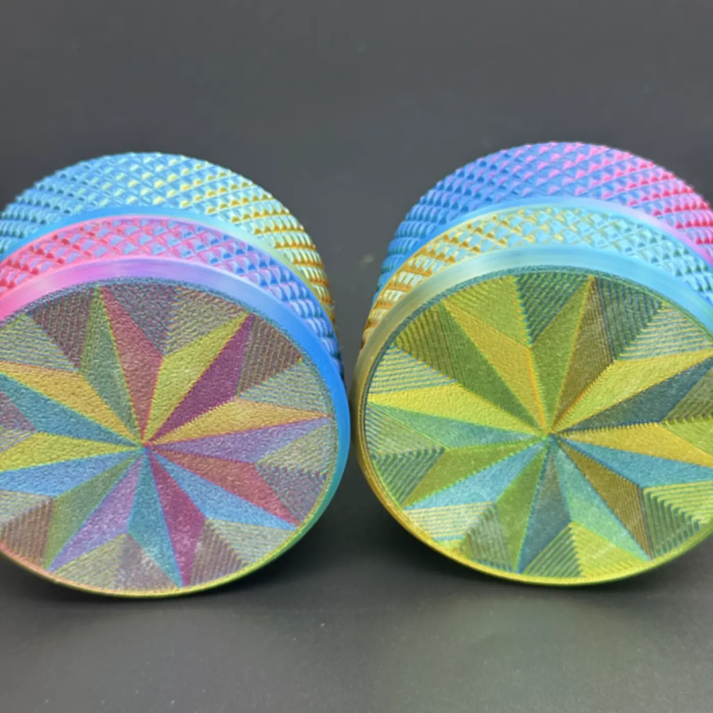 two cylindrical vial cases side by side in gradient colorways